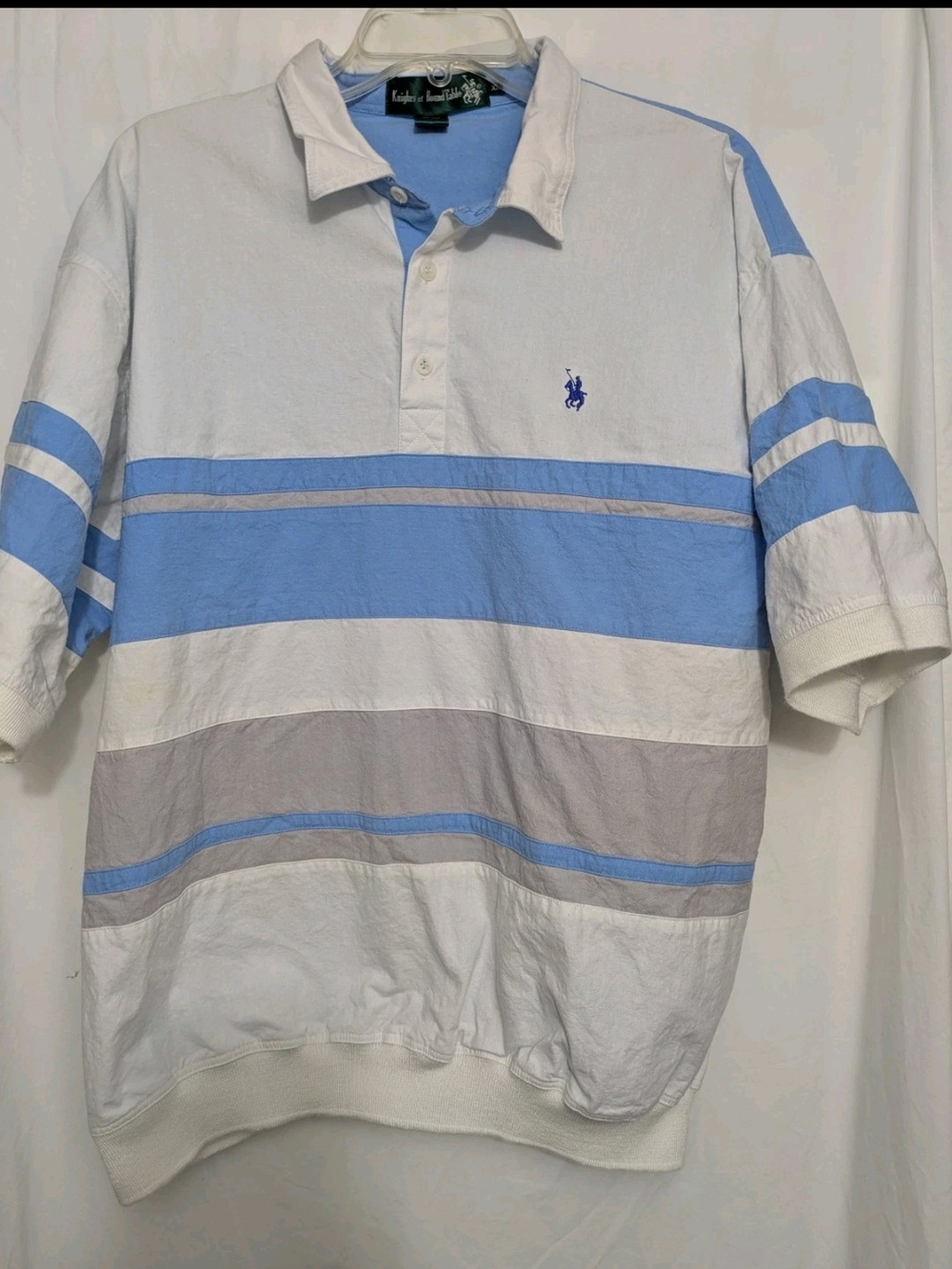 VTG Knights of Round Table Polo Shirt Men XL Blue White Rugby Stripe Cotton
